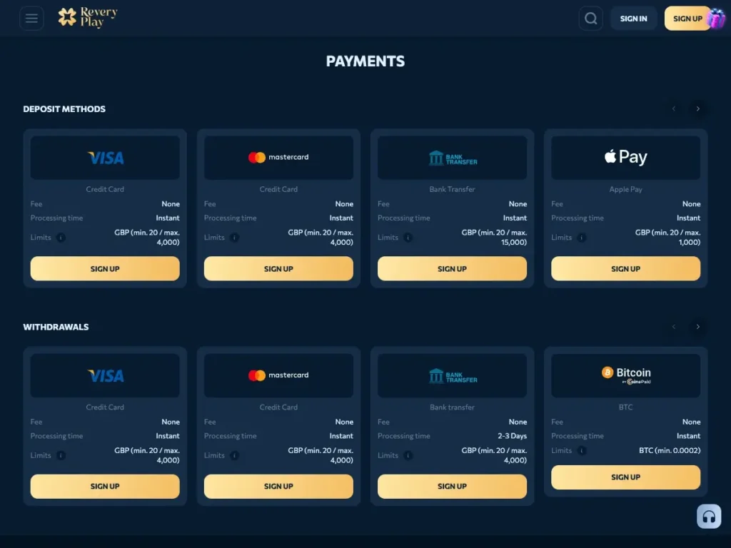 casino reveryplay payment methods